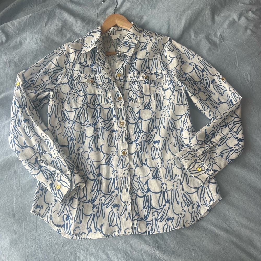 Blue and White Patterned Button-Up Shirt